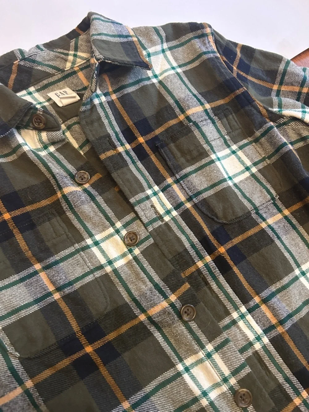 GAP Olive Green, Navy, Mustard-Yellow Plaid Button-Up Flannel Shirt | Boy S(6-7)